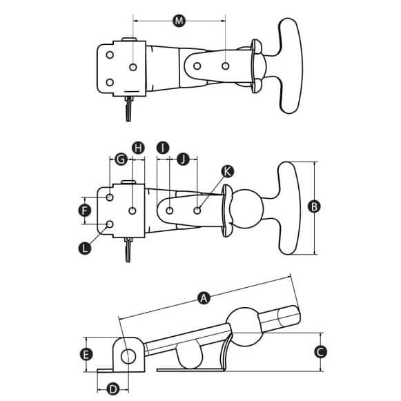LD-Model-01-RL Technical drawing of rubber and stainless steel bonnet or hood latch for car