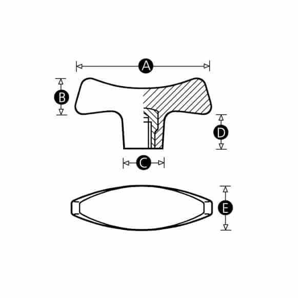 LD-Model-02F-PH Ergonomic tee handle knob with female thread - technical drawing
