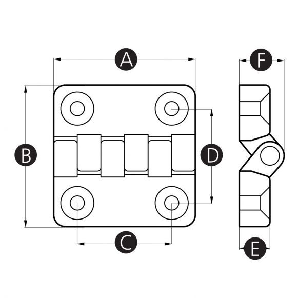 LD-Model-03-HI Plastic surface mount hinge with countersink holes technical drawing