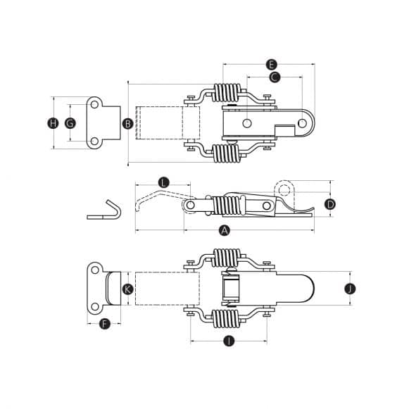 LD-Model-04-ML Spring loaded stainless steel toggle latch or hook clamp - technical drawing