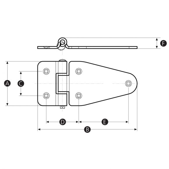 LD-Model-05-HI Stainless steel carriage hinge technical drawing