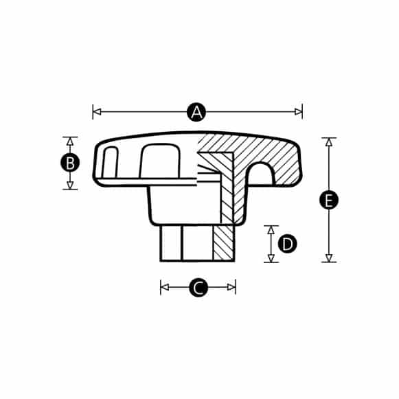 Duroplast lobe knob with female thread - technical drawing