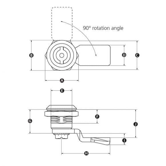 Zinc plated or Stainless Steel Quarter Turn Camlock Latch - technical drawing