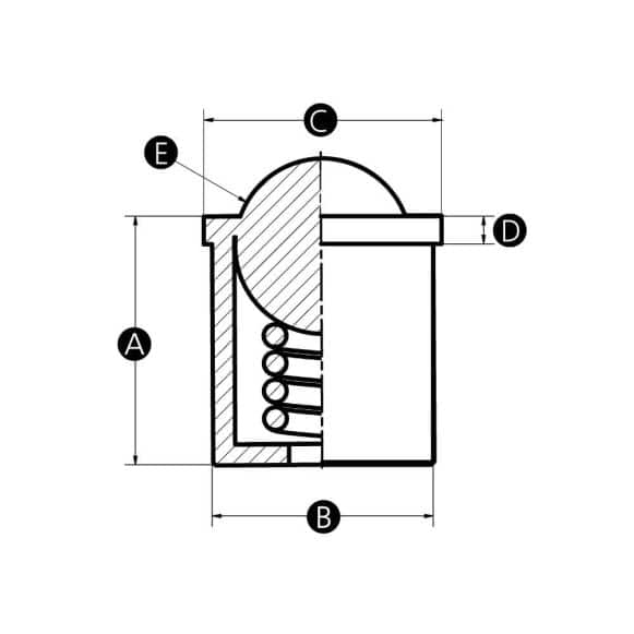 LD-Model-10-IP Technical drawing of a plastic and stainless steel spring plungers, push fit assembly