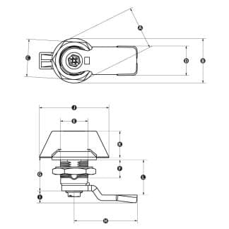 LD-Model-12-ML Technical drawing of Quarter-turn cam lock with wing knob, lock and key