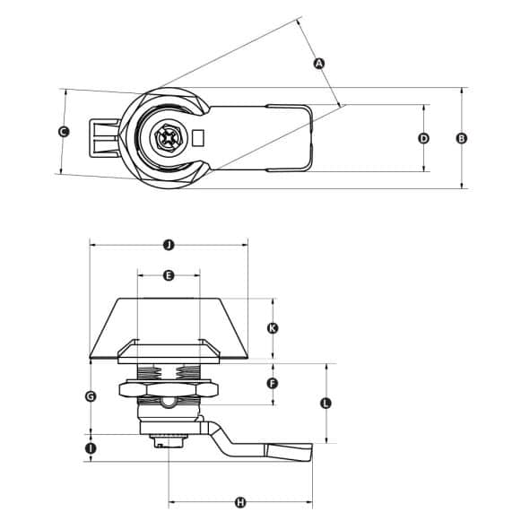 LD-Model-12-ML Technical drawing of Quarter-turn cam lock with wing knob, lock and key