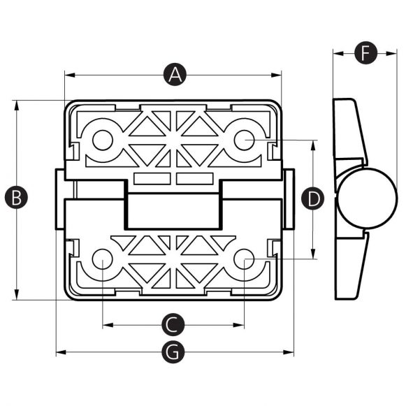 Triple detent hinge technical drawing