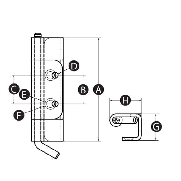 LD-Model-21-HI Technical drawing of Concealed & Removable Hinge with Pin and Circlip