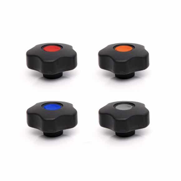 Model-02F-PK-CAP-COLOURS Plastic lobe knobs with coloured caps