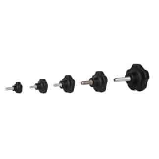 Group shot showing solid plastic lobe knobs with stainless steel and zinc plated steel male threads