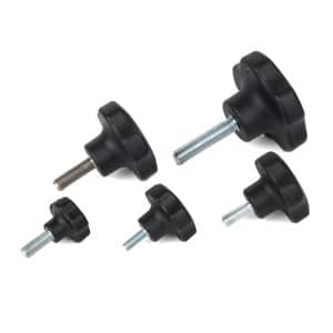 Group shot showing solid plastic lobe knobs with stainless steel and zinc plated steel male threads