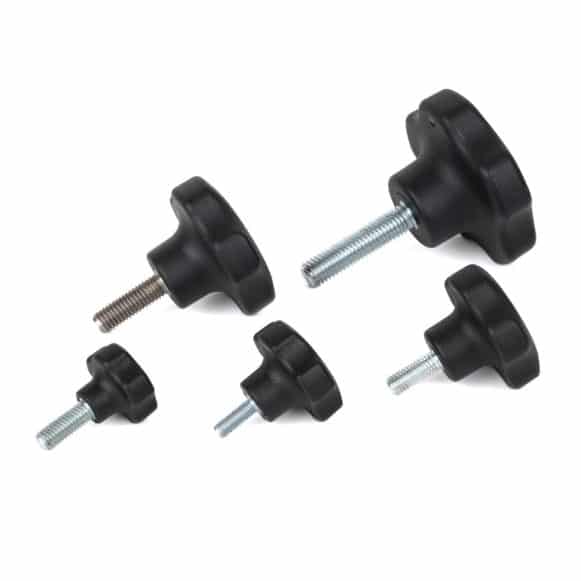 Model-39M-PK-view-5 Group shot showing solid plastic lobe knobs with stainless steel and zinc plated steel male threads