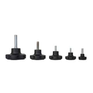Group shot showing solid plastic lobe knobs with stainless steel and zinc plated steel male threads