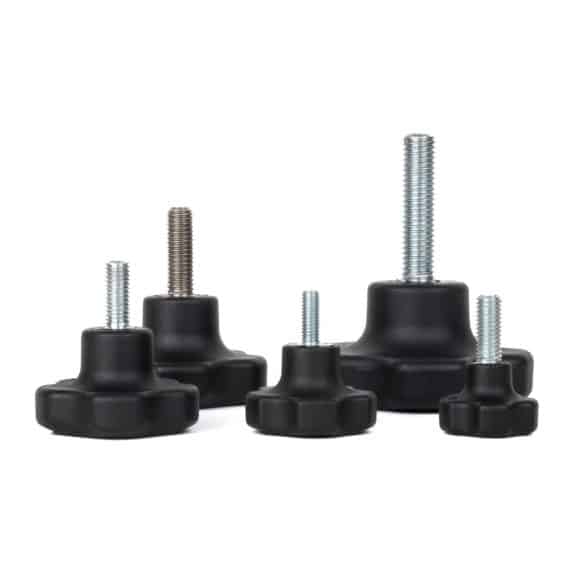 Model-39M-PK-view-7 Group shot showing solid plastic lobe knobs with stainless steel and zinc plated steel male threads