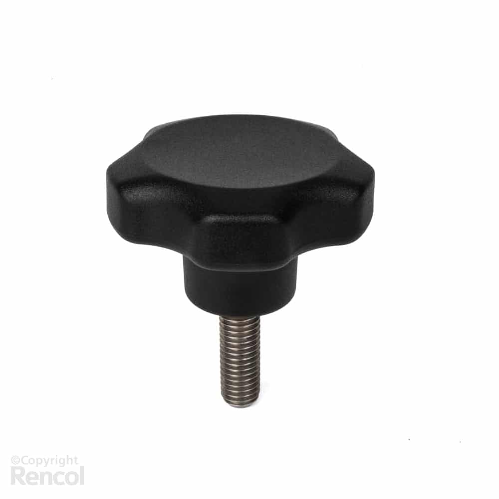 Solid plastic lobe knob with stainless steel male thread